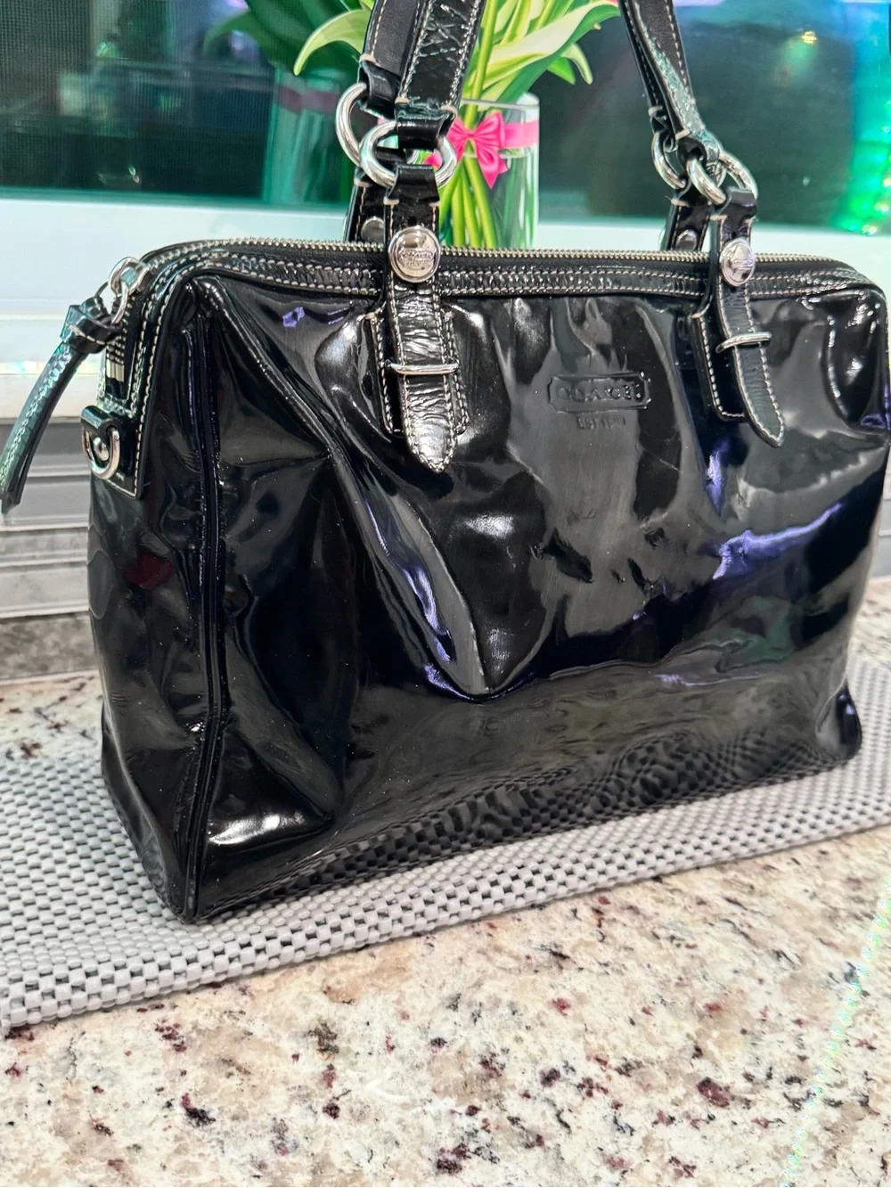 Coach Nancy Black Patent Leather Tote with Gloss Finish